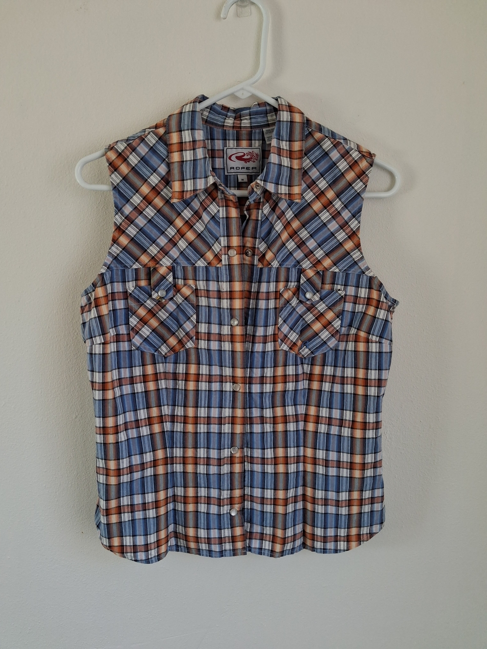 Roper Sleeveless Shirt Snap Woven Brown Blue White Plaid Womens Medium